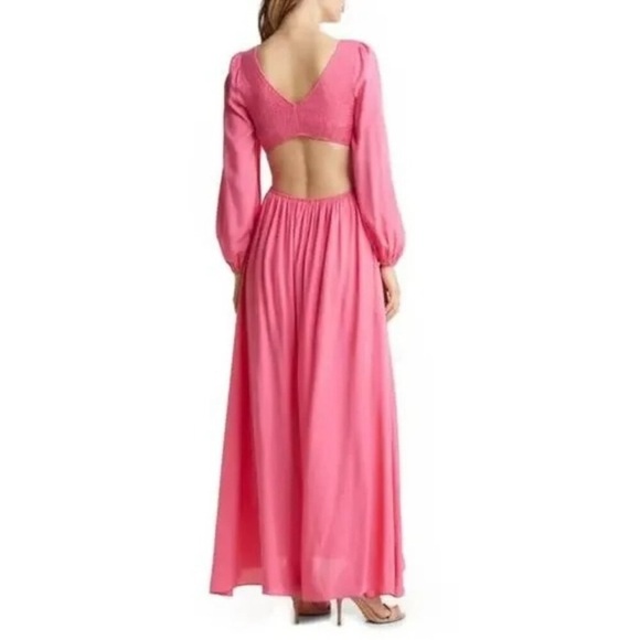 VICI Smocked Cutout Long Sleeve Maxi Dress In Hot Pink Size Small - Picture 3 of 5